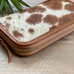 Western Cowhide Zip Wallet for Women Tan Leather