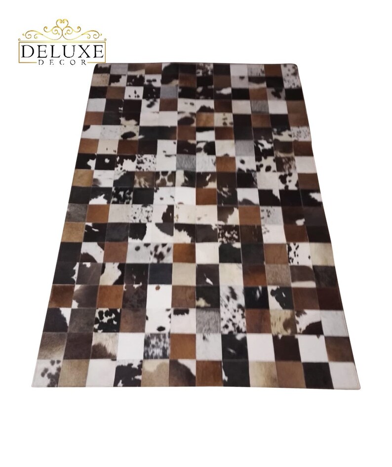 Large Cowhide Rug Patchwork Tricolor Rectangle Area Natural Hair On Cow Hide