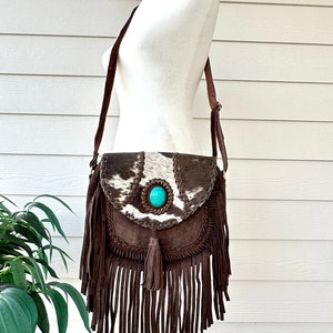 Cowhide Crossbody Bag with Fringes Western Purse Turquoise Handbag Clutch Brown Leather | Real Hair on Cow Hide | Gifts for Her