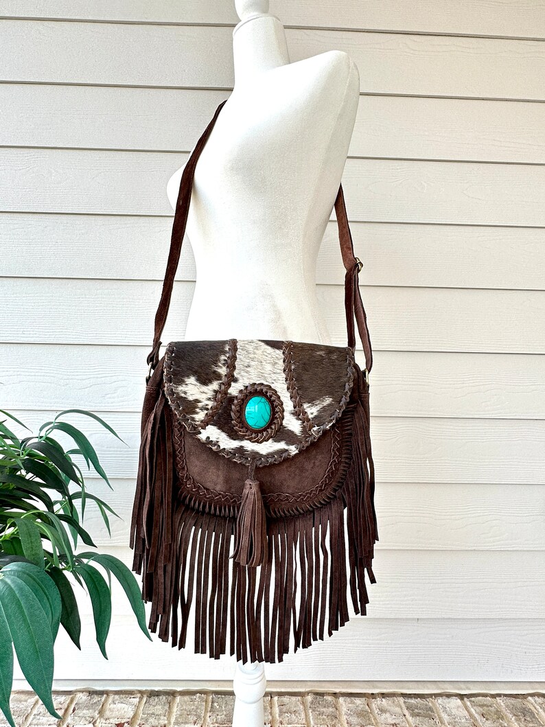 Cowhide Crossbody Bag with Fringes Western Purse Turquoise Handbag Clutch Brown Leather | Real Hair on Cow Hide | Gifts for Her