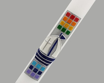 Kommunionkerze ISABELLA 2023 mit Schiff, Regenbogen und Mosaik ideal für Junge oder Mädchen 400 x 40