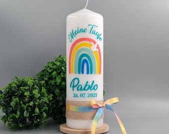 Baptismal candle EMIL rainbow in colorful and dove with jute ribbon and rainbow ribbon