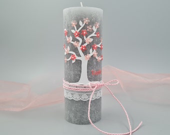 Baptismal candle LARISSA Tree of Life rustic Young girls salmon/ pink incl. name/date/occasion