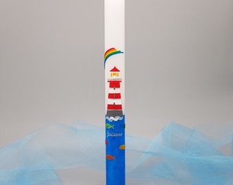 Kommunionkerze LEUCHTTURM JANUS/ Konfirmationskerze für Mädchen / Junge 400/40 Leuchtturm / Regenbogen inkl Name/Datum/Anlass