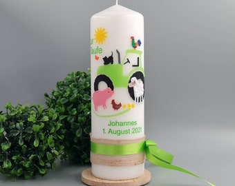 Christening candle FARM with tractor, animals and jute ribbon with bow 25x8