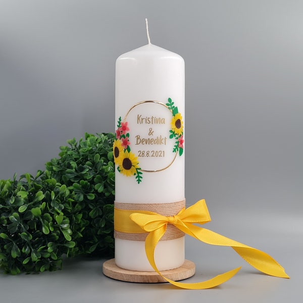 Hochzeitskerze Sonnenblume modernes Design inkl. Namen Datum