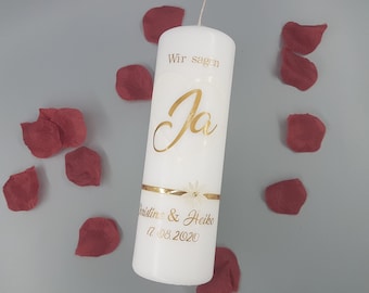 Hochzeitskerze elegant in weiß gold mit Name/Datum/Anlass