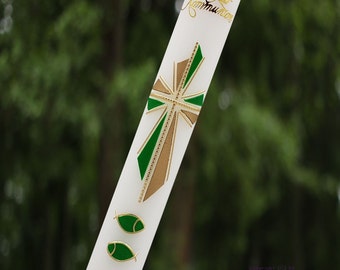 Communion candle MODERN CROSS / confirmation candle for girls 400/40 green gold including name/date/occasion