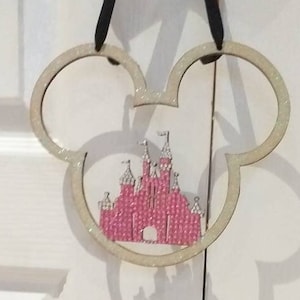 Disney Castle themed hanging mobile, hand made customised with colourful rhinestone crystals.