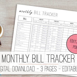 Monthly Bill Tracker Editable Printable, Finance Planner, Money Planner, Bill Organizer, Finance Organizer, Editable PDF