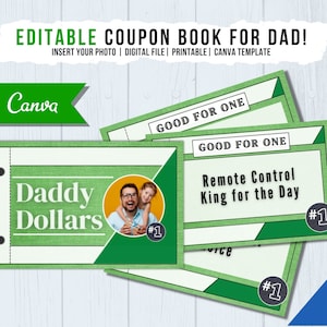 Editable Coupon Book for Dad, Daddy Dollars, Personalized Guy Gift, Printable Coupon Book Template, Personalized Father Day Gift