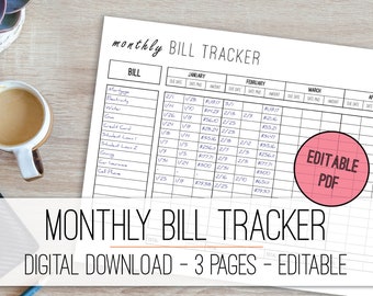 Monthly Bill Tracker Editable Printable, Finance Planner, Money Planner, Bill Organizer, Finance Organizer, Editable PDF