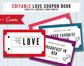 Editable Love Coupon Book, Printable Coupon Book, Printable Coupon Book Template, Coupon Book for Him or Her, Canva Template