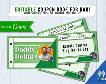 Editable Coupon Book for Dad, Daddy Dollars, Personalized Guy Gift, Printable Coupon Book Template, Personalized Father Day Gift