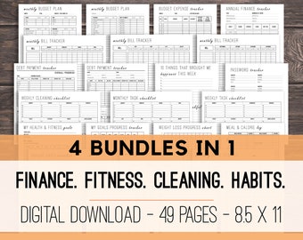 Daily Planner Printables, Life Planner, Household Binder, Budget Planner, Fitness Bundle, Cleaning Checklist, Habit Tracker, Goal Planner