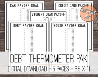 Debt Thermometer Tracker Printable Bundle, Debt Tracker Bundle, Debt Thermometer Bundle, Debt Snowball, Goal Thermometer
