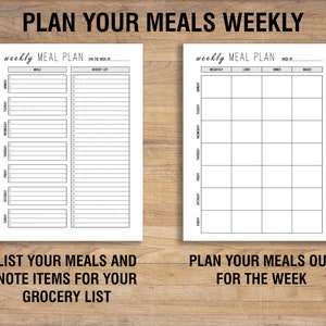 May include: Two printable meal planning sheets. The first sheet has a column for meals and a column for a grocery list. The second sheet has a grid for planning meals for the week, with columns for breakfast, lunch, dinner, and snacks.