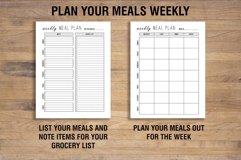 May include: Two printable meal planning sheets. The first sheet has a column for meals and a column for a grocery list. The second sheet has a grid for planning meals for the week, with columns for breakfast, lunch, dinner, and snacks.