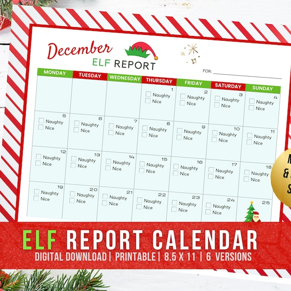 Elf Report Monthly Calendar, December 2023 Calendar, Elf Report Card, Christmas Elf Printable, Elf Letter to Santa, Christmas Printable PDF