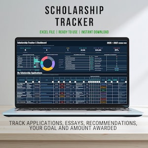 May include: A laptop screen displaying a Scholarship Tracker and Dashboard for the 2026-2027 school year. The interface includes a colorful pie chart, application pipeline data, and a detailed table for tracking scholarship applications, essays, and awards.