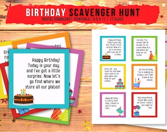 Birthday Scavenger Hunt, 17 Clues, Birthday Indoor Treasure Hunt, Scavenger Hunt Cards, Downloadable Printable Birthday Game for Kids, PDF