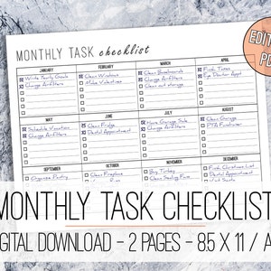 Monthly Task Checklist Printable EDITABLE Letter & A4, Task Planner ...