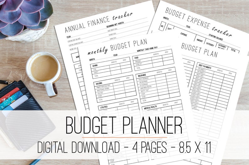 May include: A printable budget planner with four pages, including a monthly budget plan, an annual finance tracker, and a budget expense tracker. The planner is designed for 8.5 x 11 inch paper.