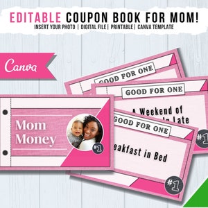 Editable Coupon Book for Mom, Mom Money, Printable Coupon Book, Canva Template, Gift Voucher for Her, Digital Download