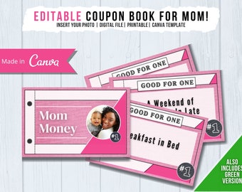 Editable Coupon Book for Mom, Mom Money, Printable Coupon Book, Canva Template, Gift Voucher for Her, Digital Download