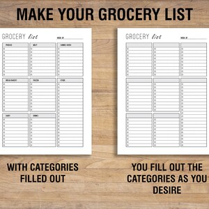 May include: Two printable grocery list templates. The left template has categories filled in, including produce, meat, canned goods, bakery, frozen, dairy, and drinks. The right template is blank for you to fill in your own categories.