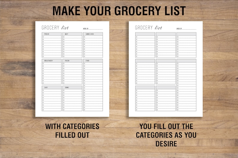 May include: Two printable grocery list templates. The left template has categories filled in, including produce, meat, canned goods, bakery, frozen, dairy, and drinks. The right template is blank for you to fill in your own categories.