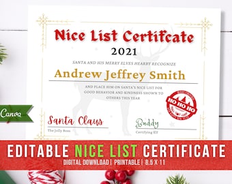 Editable Nice List Certificate from Santa Claus, Canva Template, Custom Personalized Correspondence, Digital Download PDF