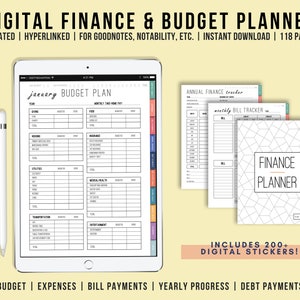May include: A digital finance and budget planner with a black and white geometric pattern on the cover. The planner includes a monthly budget plan, a bill tracker, and an annual finance tracker. It also includes 200+ digital stickers. The planner is undated and hyperlinked for use with Goodnotes, Notability, and other note-taking apps.