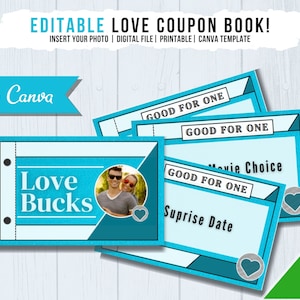 Libro de cupones editable imprimible, Love Bucks, libro de cupones imprimible, plantilla Canva, vale de regalo, regalo para él o ella, cumpleaños, aniversario