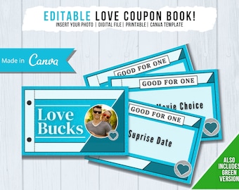 Editable Coupon Book Printable, Love Bucks, Printable Coupon Book, Canva Template, Gift Voucher, Gift for Him or Her, Birthday, Anniversary