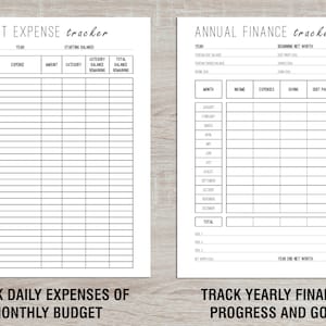 May include: Black and white printable budget tracker sheets. The first sheet is for tracking daily expenses of a monthly budget. The second sheet is for tracking annual finances, income, expenses, giving, debt paid, and savings.