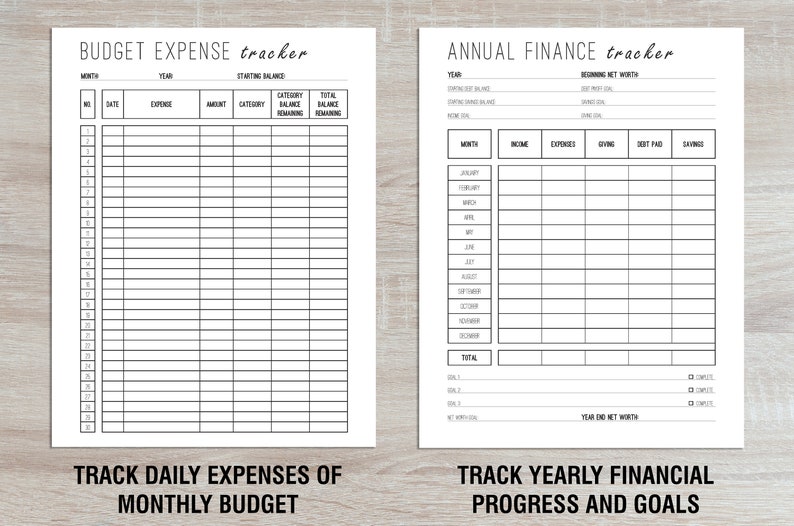 May include: Black and white printable budget tracker sheets. The first sheet is for tracking daily expenses of a monthly budget. The second sheet is for tracking annual finances, income, expenses, giving, debt paid, and savings.