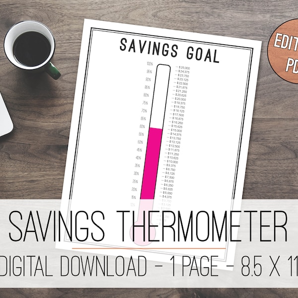 Savings Thermometer Tracker Printable, Savings Goal, Savings Tracker, Savings Thermometer