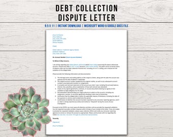 Debt Collection Dispute Letter Template, Debt Validation Letter, Debt Collector, Word and Doc Files