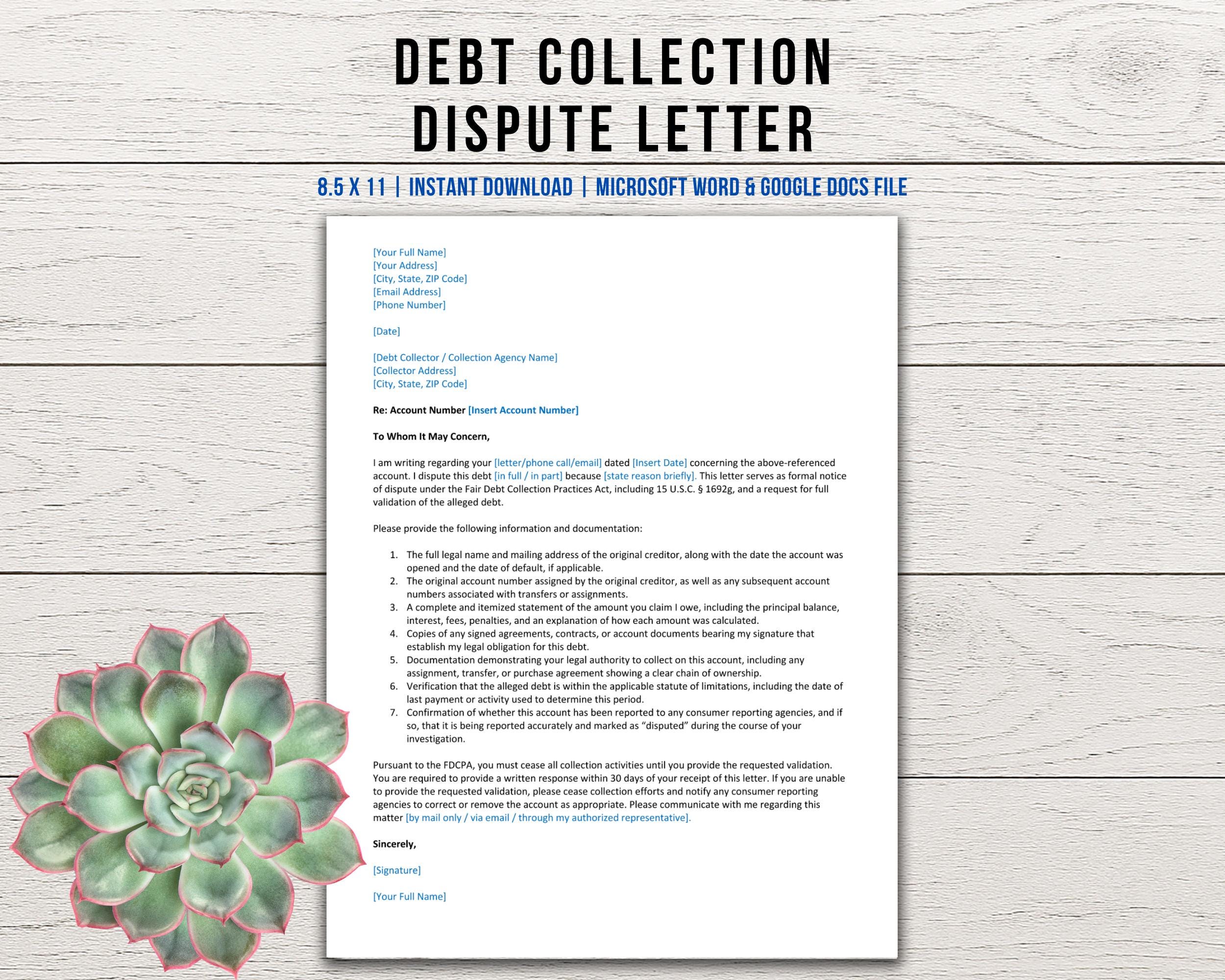 Disputing Debt Collection Language Debt Collection Dispute Letter Template, Debt Validation Letter, Debt ...