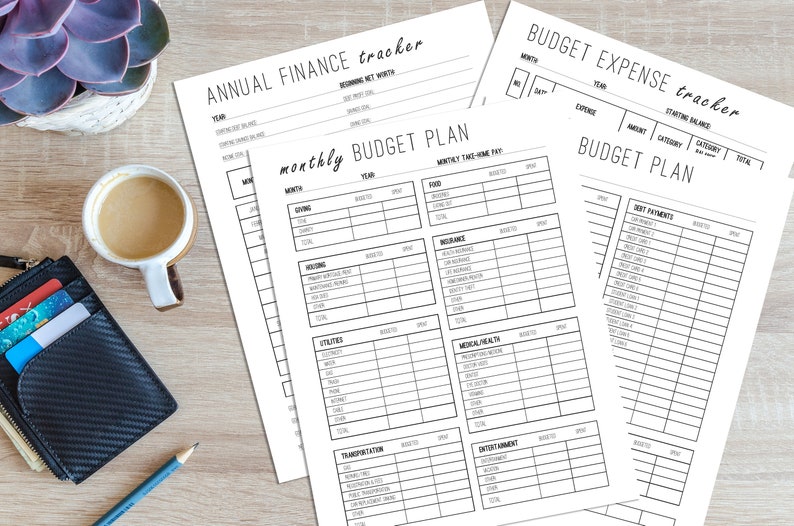 May include: Two printable budget tracker worksheets. The first sheet is titled "Annual Finance Tracker" and includes a "Monthly Budget Plan" section. The second sheet is titled "Budget Expense Tracker" and includes a "Budget Plan" section.
