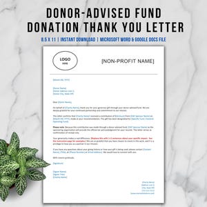 Donor Advised Fund Donation Acknowledgement Thank You Letter, DAF Donation Confirmation Receipt, Nonprofit Donation Letter Template