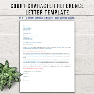 Pode incluir: Um modelo de carta branco com o texto "COURT CHARACTER REFERENCE LETTER TEMPLATE" em preto. O modelo tem 21,6 x 27,9 cm e inclui campos para informações pessoais e uma declaração de referência de caráter. Uma pequena planta em vaso está no canto inferior esquerdo.