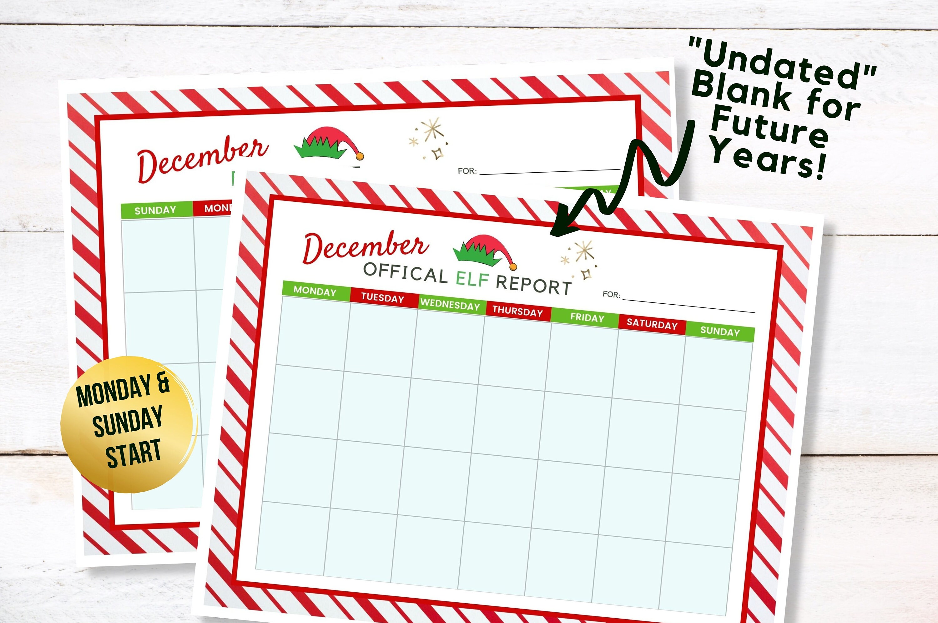 Elf Report Monthly Calendar, December 2023 Calendar, Elf Report Card ...