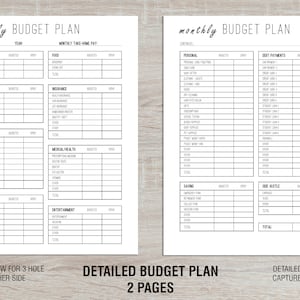 May include: A black and white printable budget planner with two pages. The first page has categories for monthly take-home pay, giving, housing, utilities, transportation, medical/health, and entertainment. The second page has categories for personal, debt payments, saving, and side hustle.