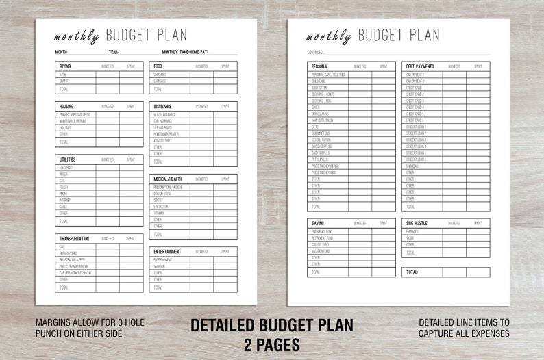 May include: A black and white printable budget planner with two pages. The first page has categories for monthly take-home pay, giving, housing, utilities, transportation, medical/health, and entertainment. The second page has categories for personal, debt payments, saving, and side hustle.