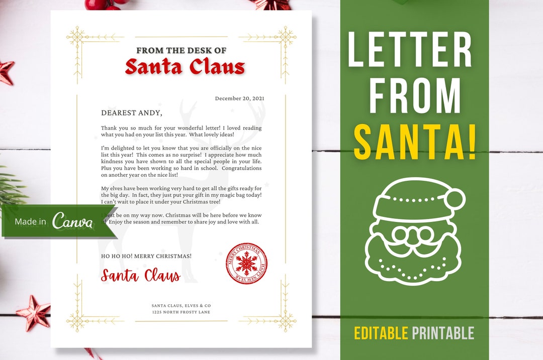 Editable Letter From Santa Claus, Canva Template, Custom Personalized ...