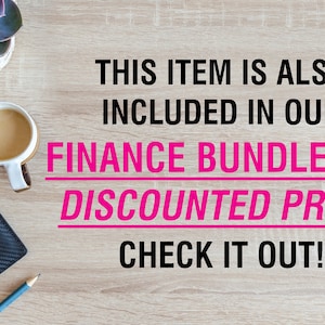 May include: A wooden table with a cup of coffee, a wallet with credit cards, a pencil, and a succulent plant in a white pot. The text "THIS ITEM IS ALSO INCLUDED IN OUR FINANCE BUNDLE AT A DISCOUNTED PRICE. CHECK IT OUT!" is written in black and pink letters on the table.