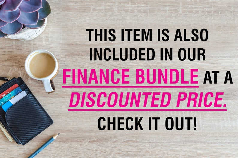 May include: A wooden table with a cup of coffee, a wallet with credit cards, a pencil, and a succulent plant in a white pot. The text "THIS ITEM IS ALSO INCLUDED IN OUR FINANCE BUNDLE AT A DISCOUNTED PRICE. CHECK IT OUT!" is written in black and pink letters on the table.