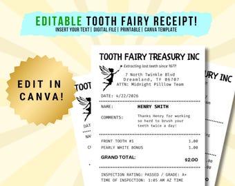 Editable Tooth Fairy Receipt Printable, Realistic Receipt Template, First Lost Tooth Keepsake, Personalized for Kids, Digital Download